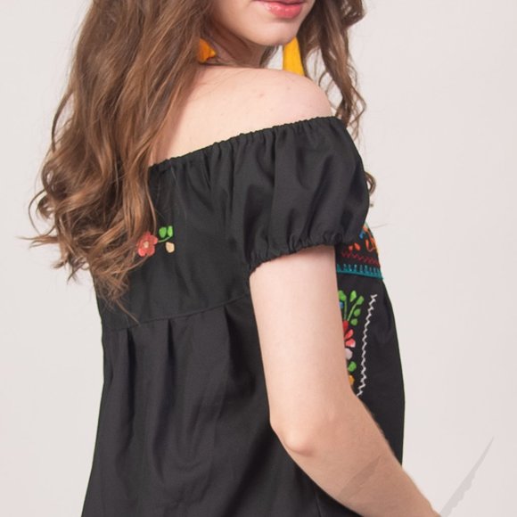 Mexican Floral Embroidered Off the Shoulder Dress Evelia Pink - Picture 5 of 5